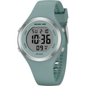 Unisex Green Silicone Digital Sports Gold Bezel Water-Resistant Alarm Stopwatch